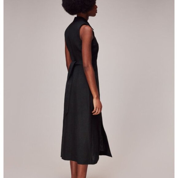 Whistles Dress Womens 14 Black Molly Linen Midi Sleeveless Collared Front Slits - Picture 8 of 13